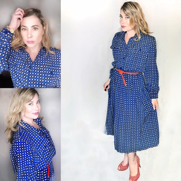 💃SOLD💃 80s Leslie Fay Polka Dot Day Midi Dress - Picture 1 of 7